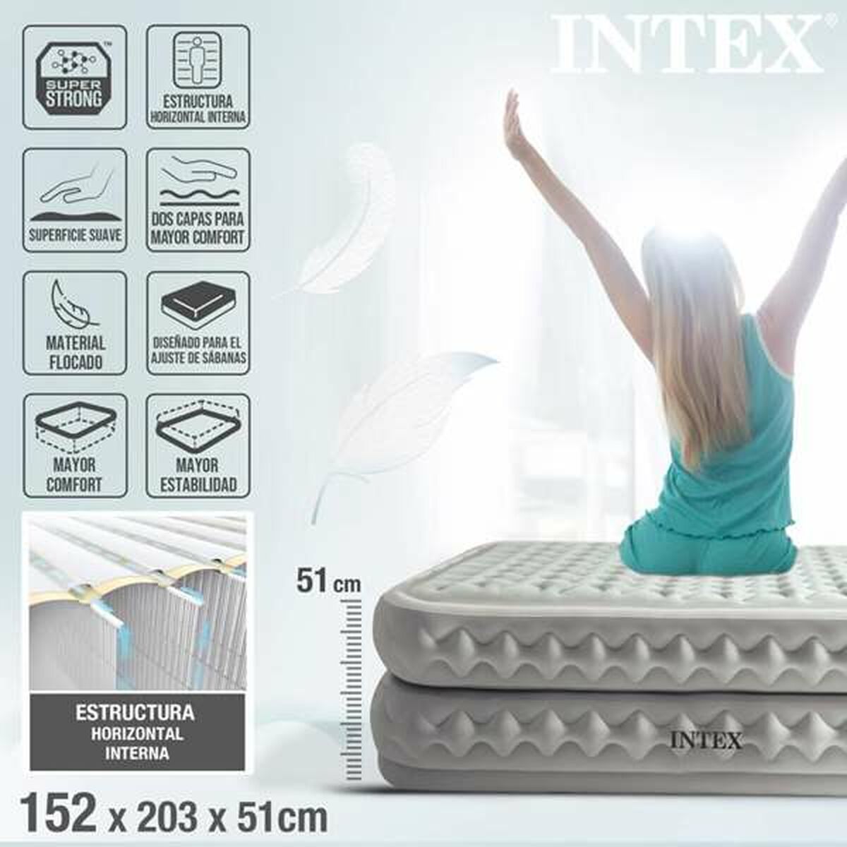Cama hinchable doble de PVC y poliéster, 152 x 203 cm — imagen 2