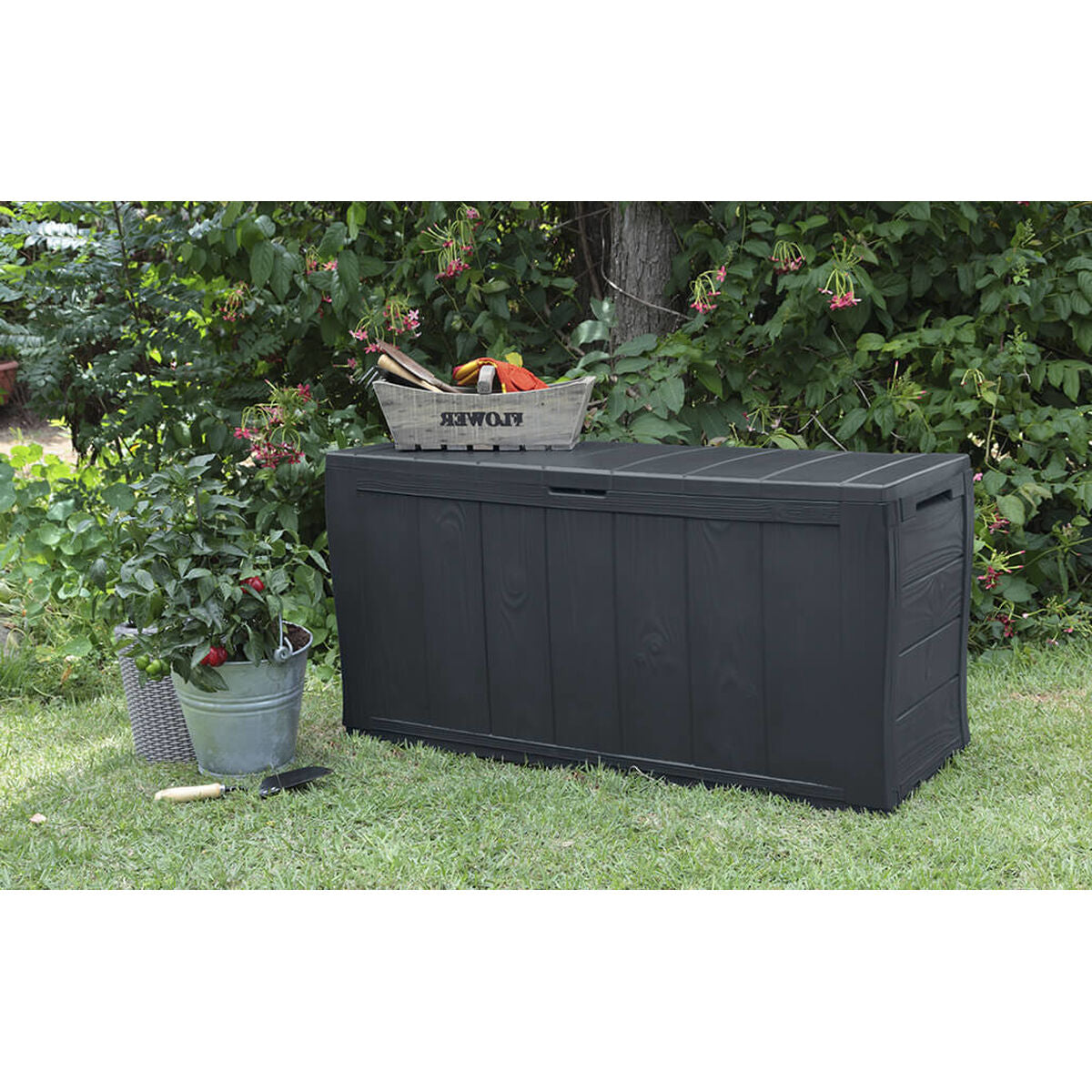 Caja de almacenaje de plástico grafito, 270 L, con tapa — imagen 5