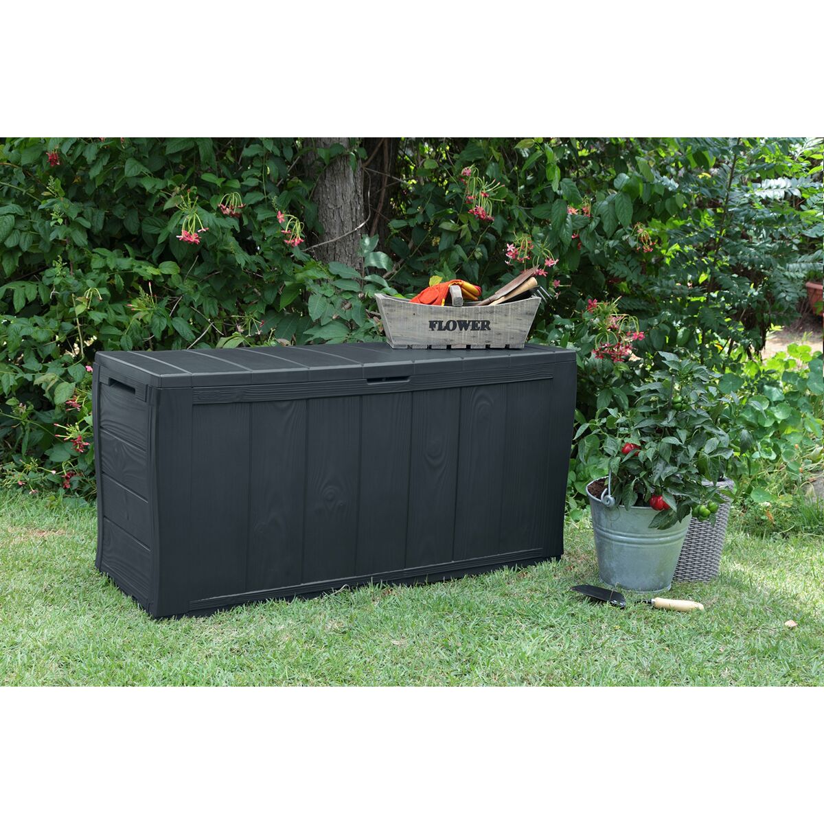 Caja de almacenaje de plástico grafito, 270 L, con tapa — imagen 8