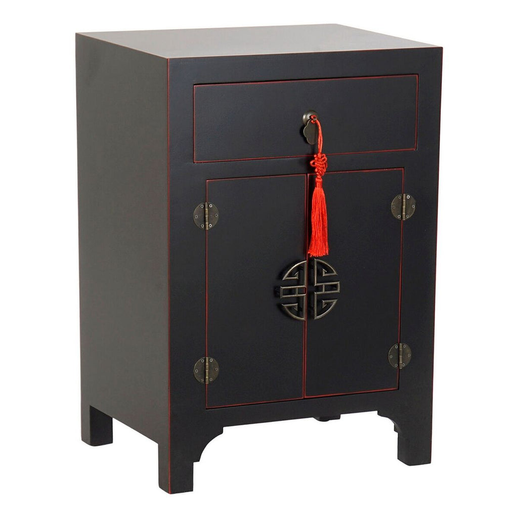 Mesita de noche oriental negra y roja, 1 cajón, 2 puertas