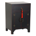 Mesita de noche oriental negra y roja, 1 cajón, 2 puertas