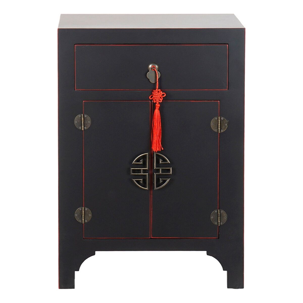Mesita de noche oriental negra y roja, 1 cajón, 2 puertas — imagen 6