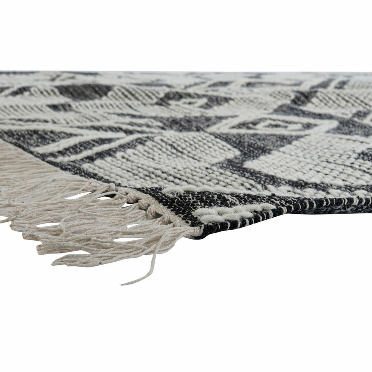 Alfombra boho blanca y negra de algodón con flecos, 160 x 230 cm — imagen 2