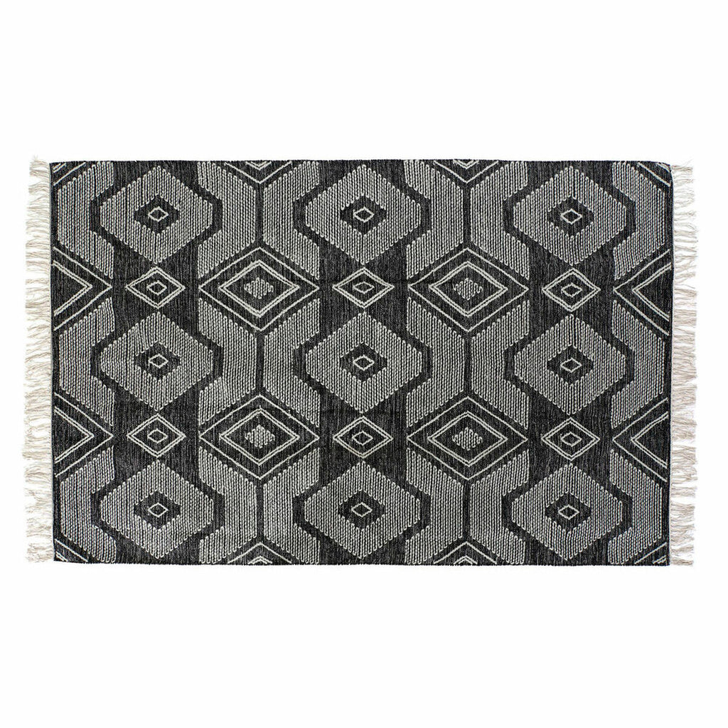 Alfombra boho blanca y negra de algodón con flecos, 160 x 230 cm