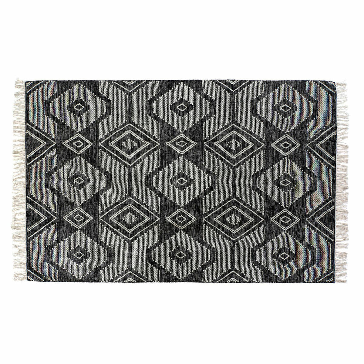 Alfombra boho blanca y negra de algodón con flecos, 160 x 230 cm