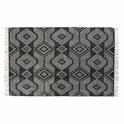 Alfombra boho blanca y negra de algodón con flecos, 160 x 230 cm