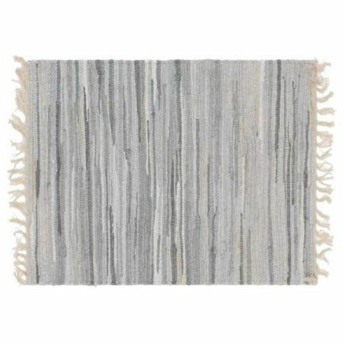 Alfombra india gris de piel y algodón con flecos, 200 x 290 cm