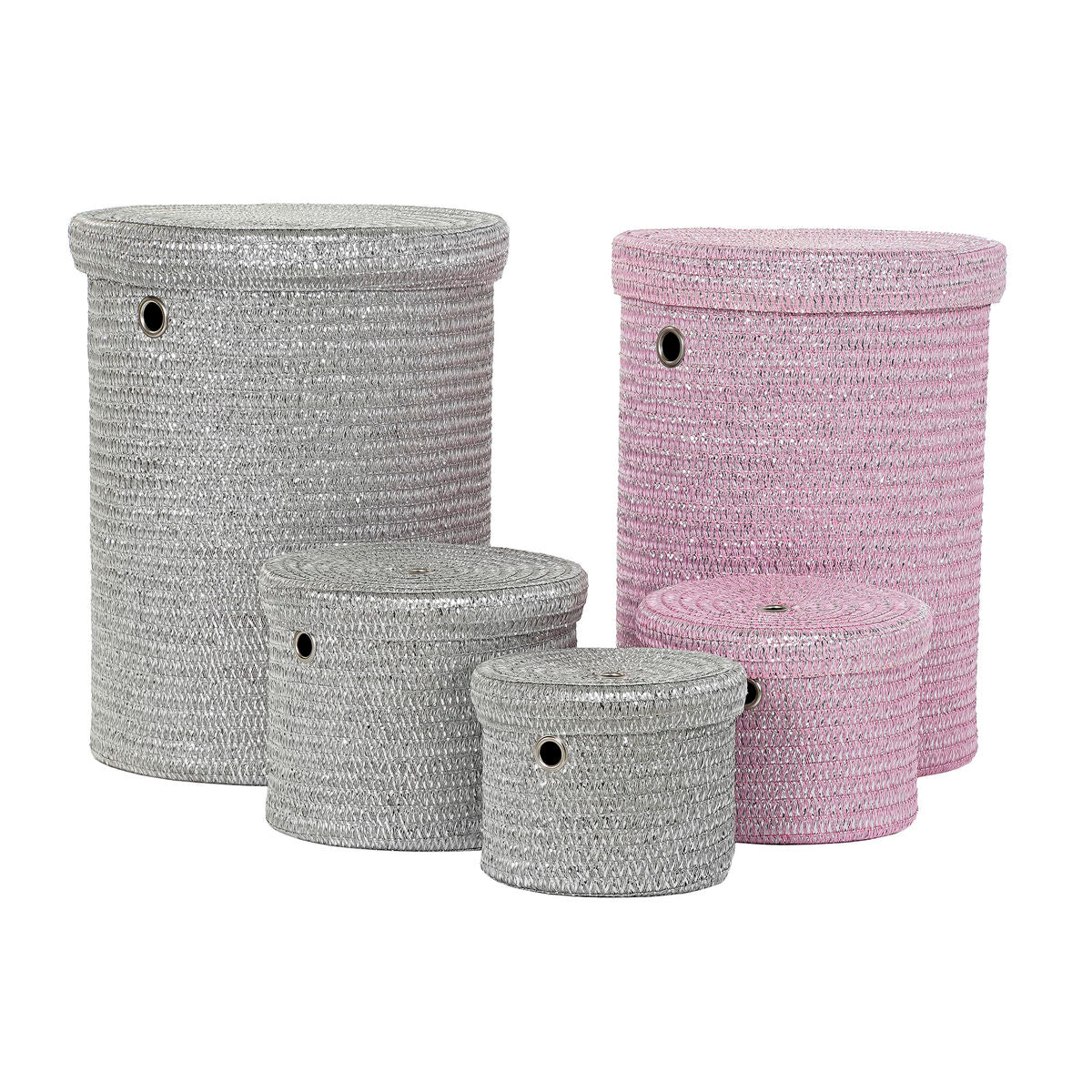 Juego de 5 cestas de polipropileno, gris y rosa