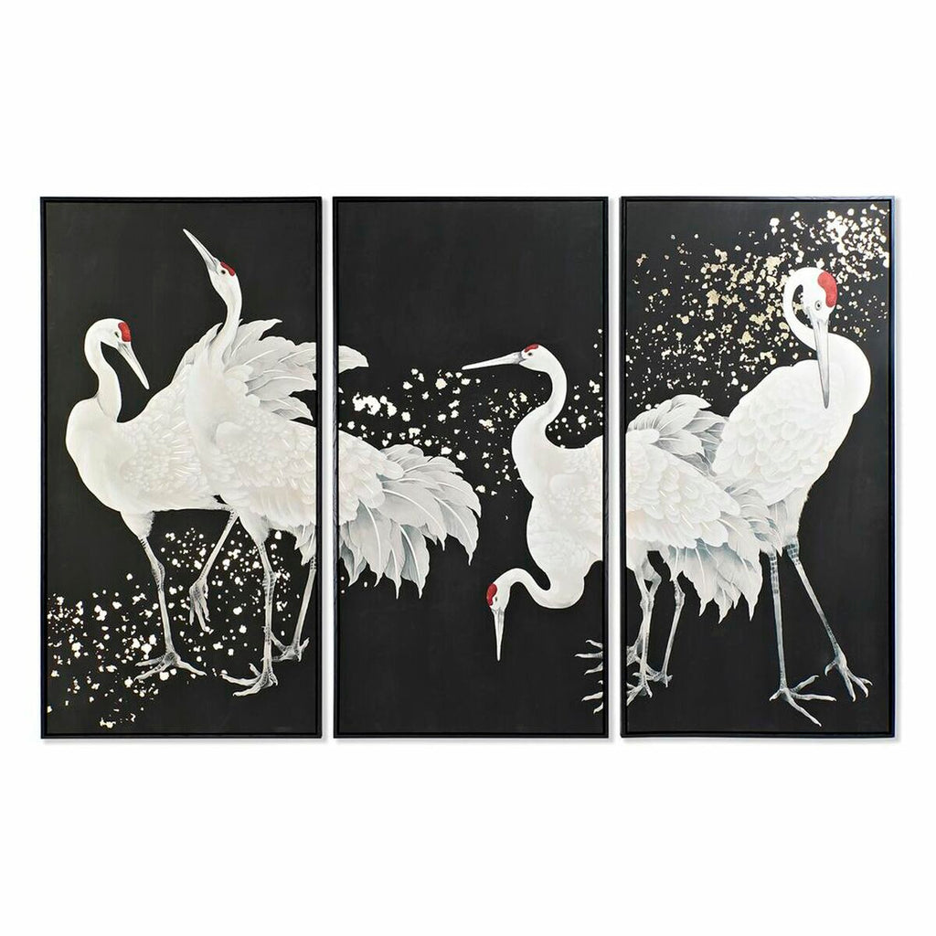 Cuadro oriental con garza, blanco, negro y dorado (3 piezas)