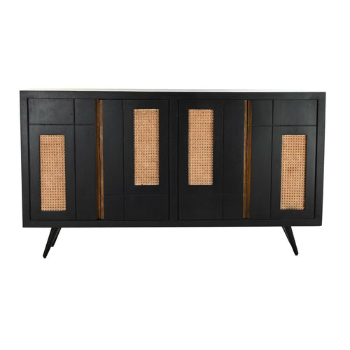 Aparador de madera de mango, ratán y metal, negro, 160 x 40 x 90 cm — imagen 2