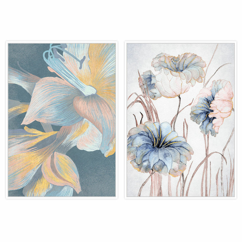 Lienzo shabby chic con flores, amarillo, azul, blanco y gris