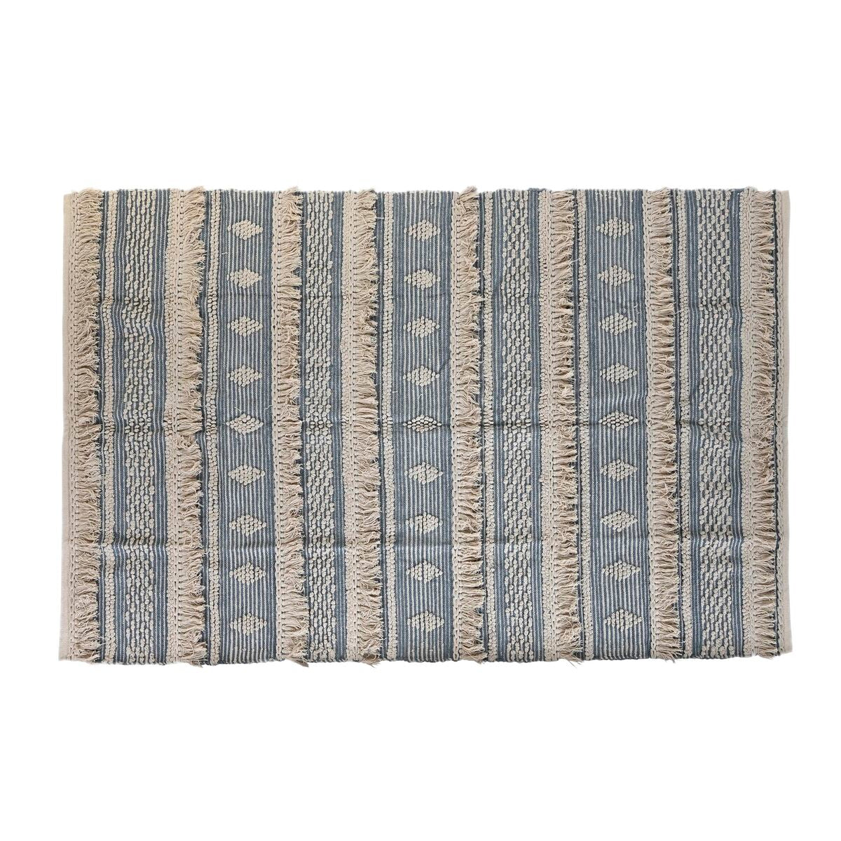 Alfombra boho azul y blanca de algodón, 230 x 160 cm