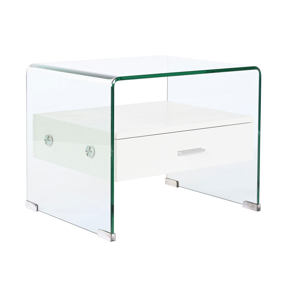 Mesita de noche de cristal y madera MDF blanca, 1 cajón