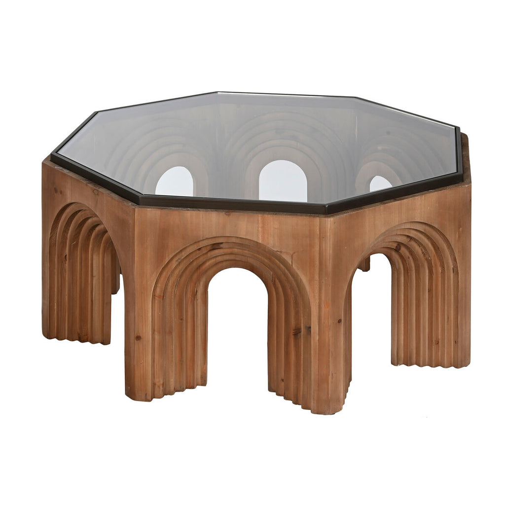 Mesa de centro moderna marrón y negra de cristal y abeto, 99 x 99 cm