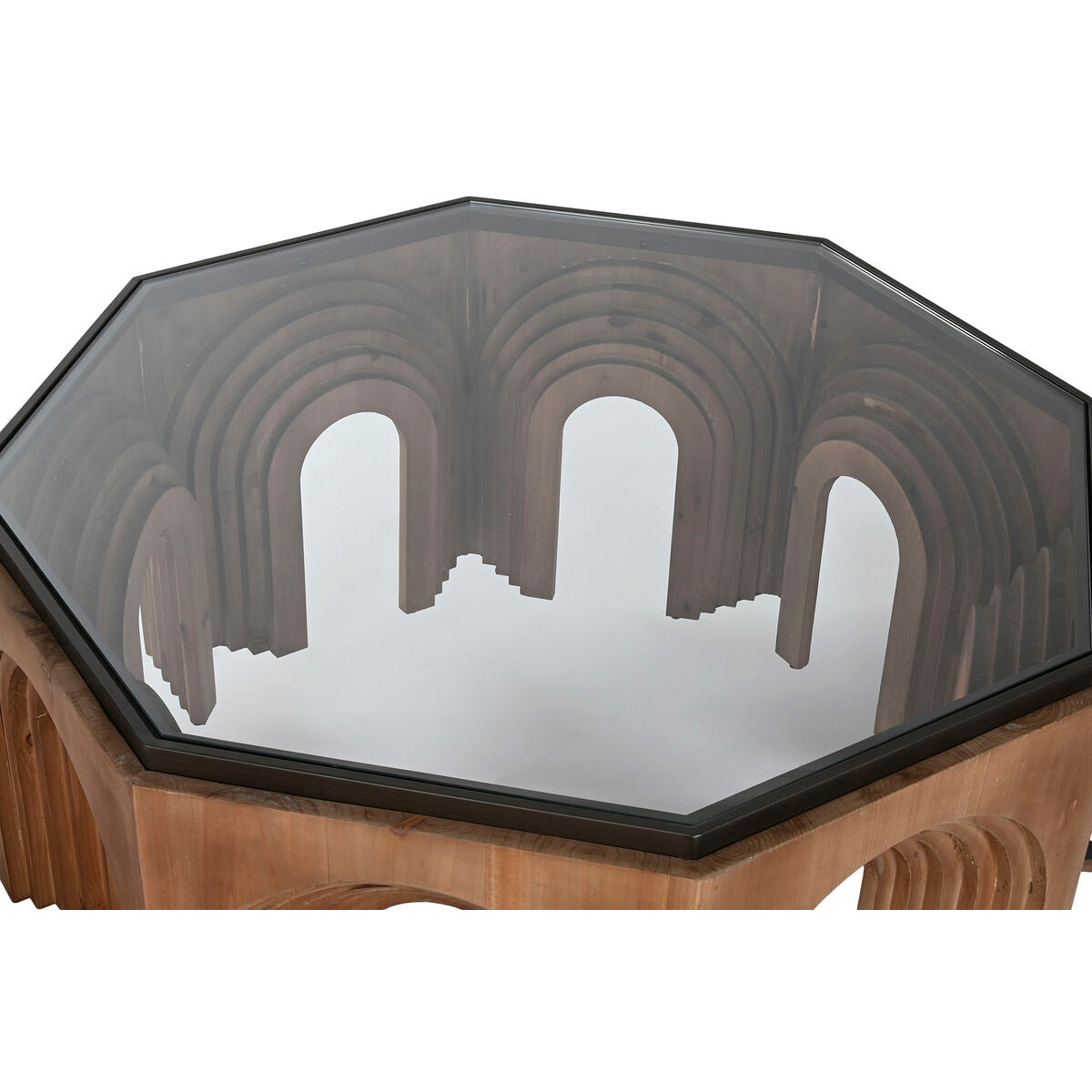 Mesa de centro moderna marrón y negra de cristal y abeto, 99 x 99 cm — imagen 2