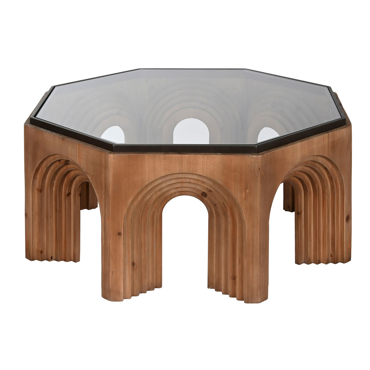 Mesa de centro moderna marrón y negra de cristal y abeto, 99 x 99 cm — imagen 5