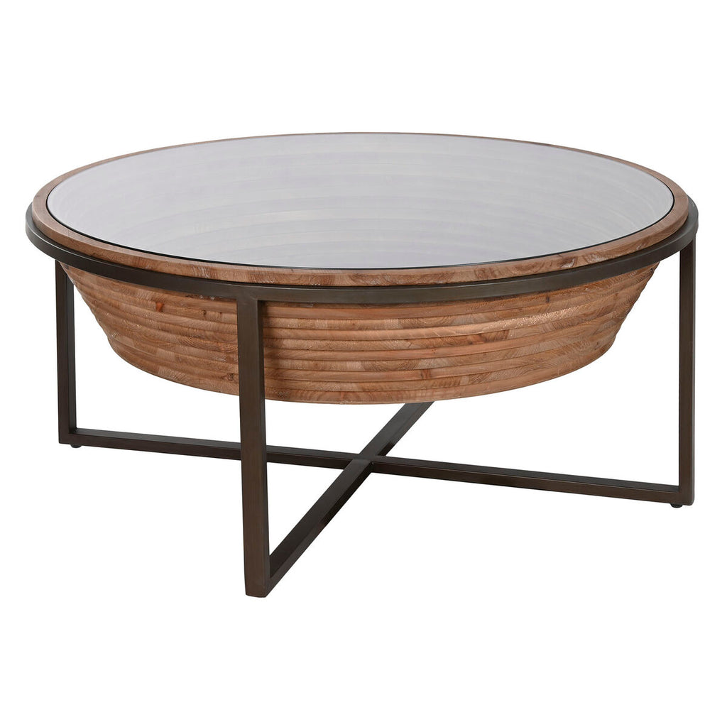 Mesa de centro moderna marrón y negra de cristal y abeto, 102 x 102 cm
