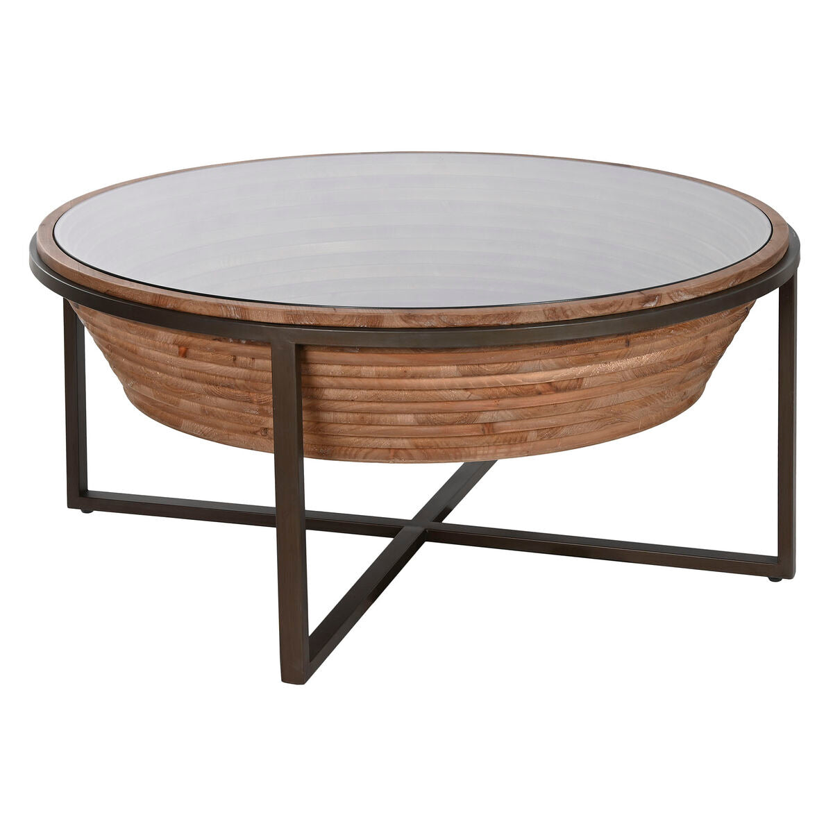Mesa de centro moderna marrón y negra de cristal y abeto, 102 x 102 cm
