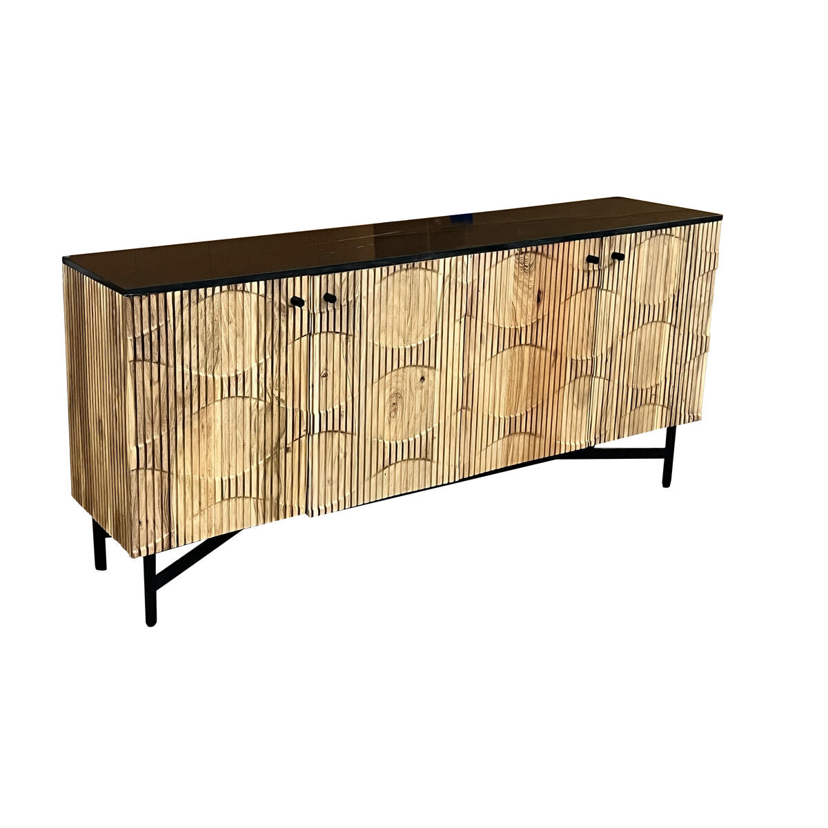 Aparador moderno negro y natural de mármol y acacia, 175 x 40 x 76 cm