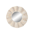 Espejo de pared redondo de teca tallada, blanco decapé, 76 cm