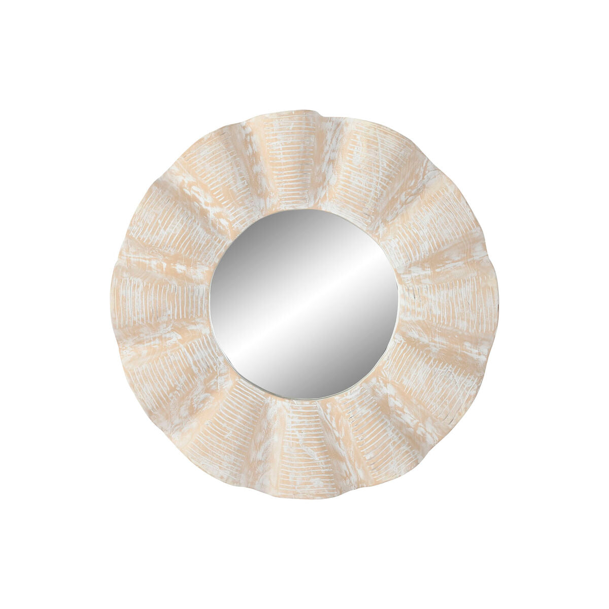 Espejo de pared redondo de teca tallada, blanco decapé, 76 cm