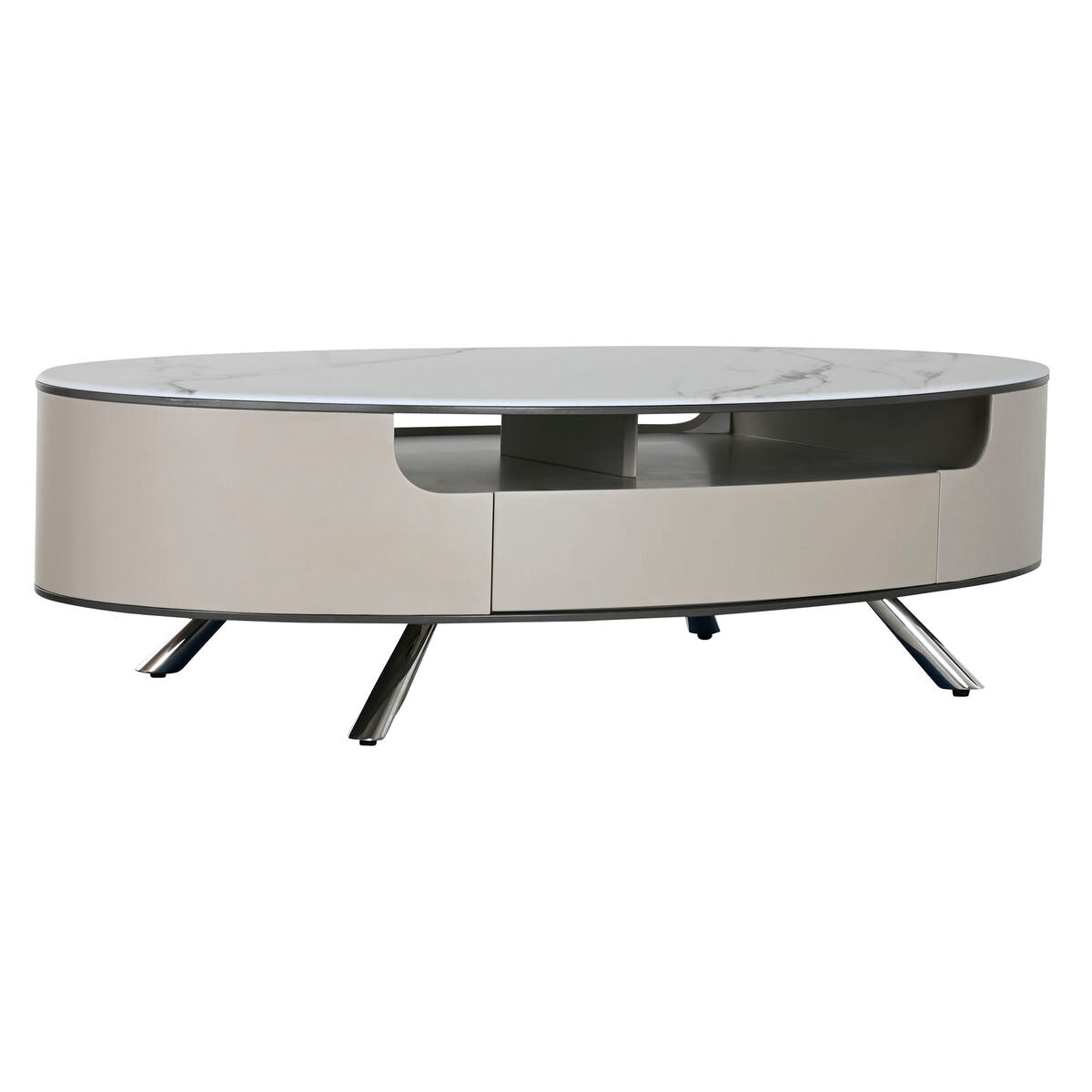 Mesa de centro de mármol y acero, blanco y beige, 140 x 75 x 40 cm