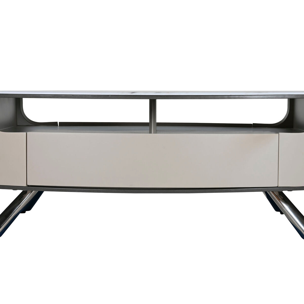 Mesa de centro de mármol y acero, blanco y beige, 140 x 75 x 40 cm — imagen 6