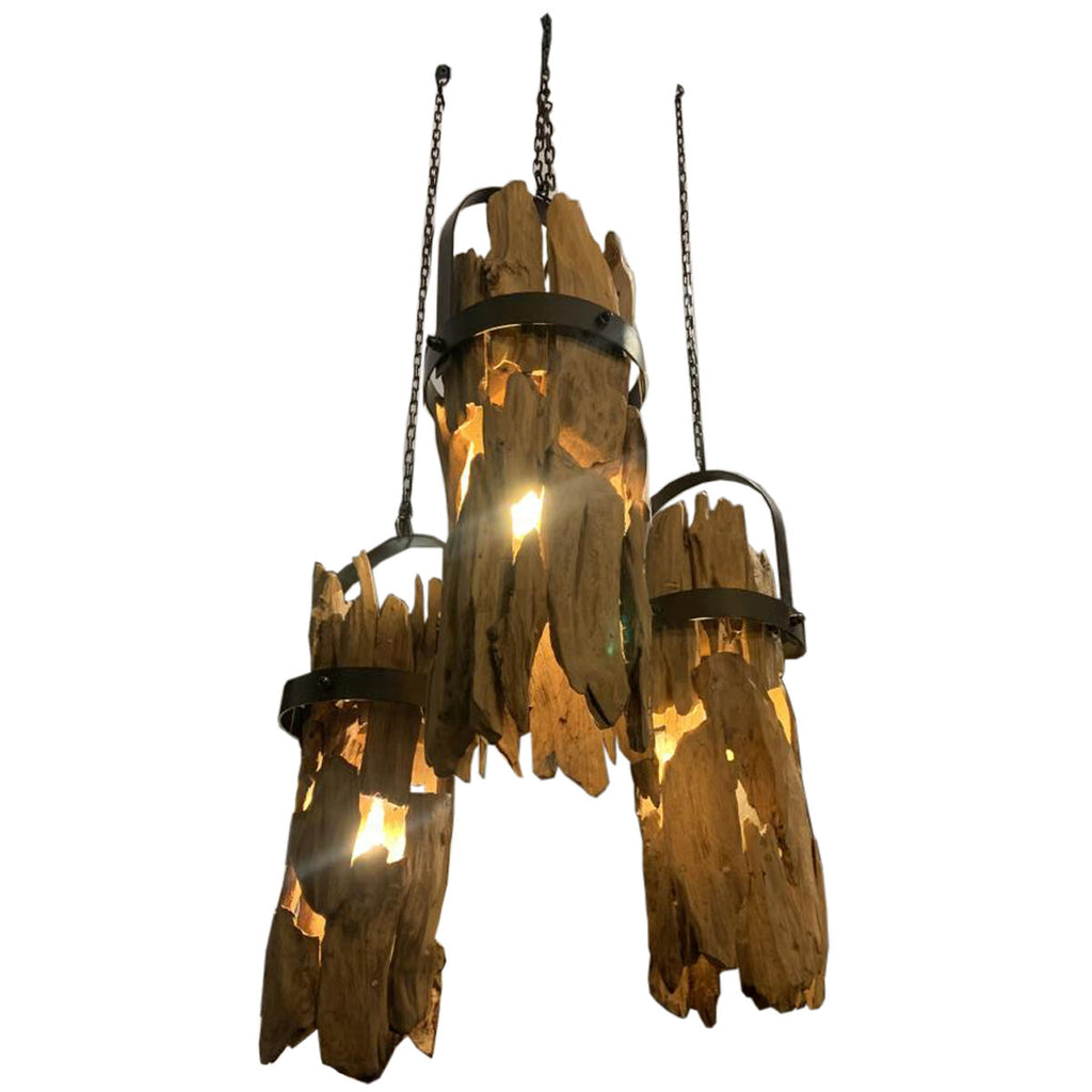 Lámpara de techo de hierro y madera de teca, 160 cm