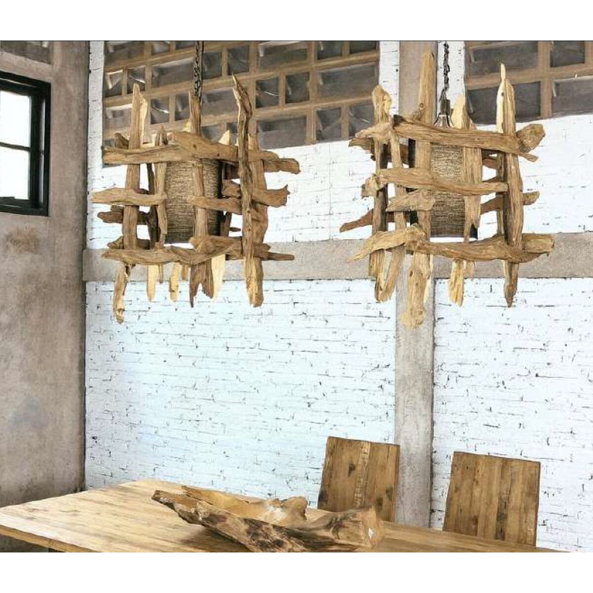 Lámpara de techo de madera de teca y lino, marrón — imagen 3