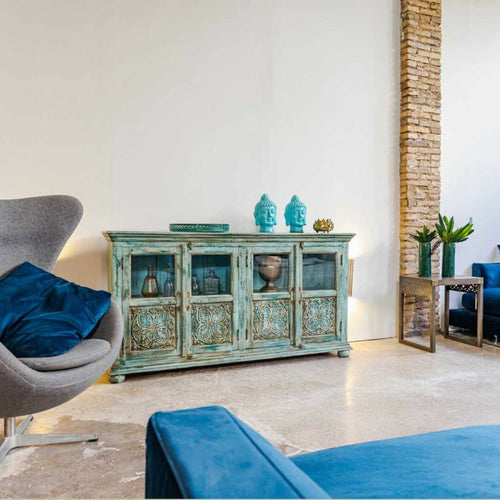 Aparador de madera de mango en azul, estilo artesanal, 170 cm — imagen 2