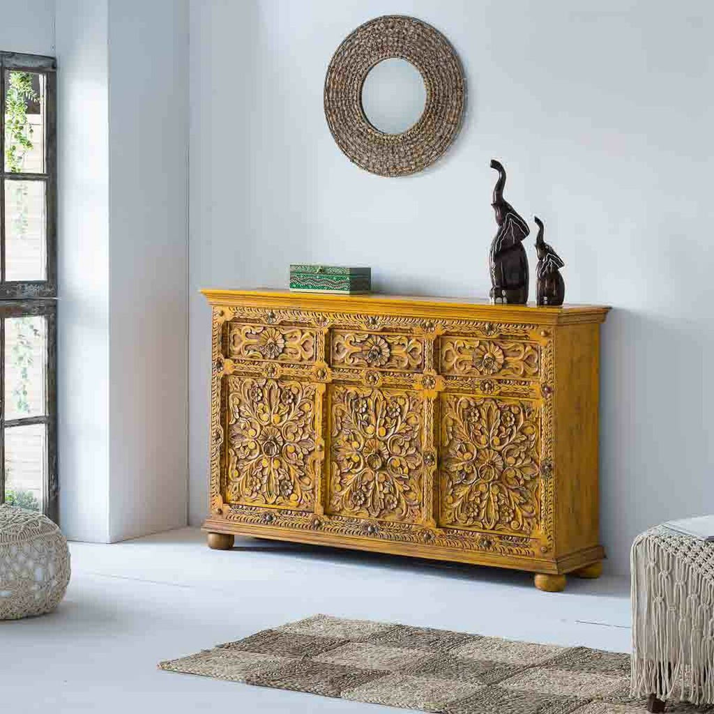 Aparador artesanal de hierro y madera de mango, amarillo — imagen 2