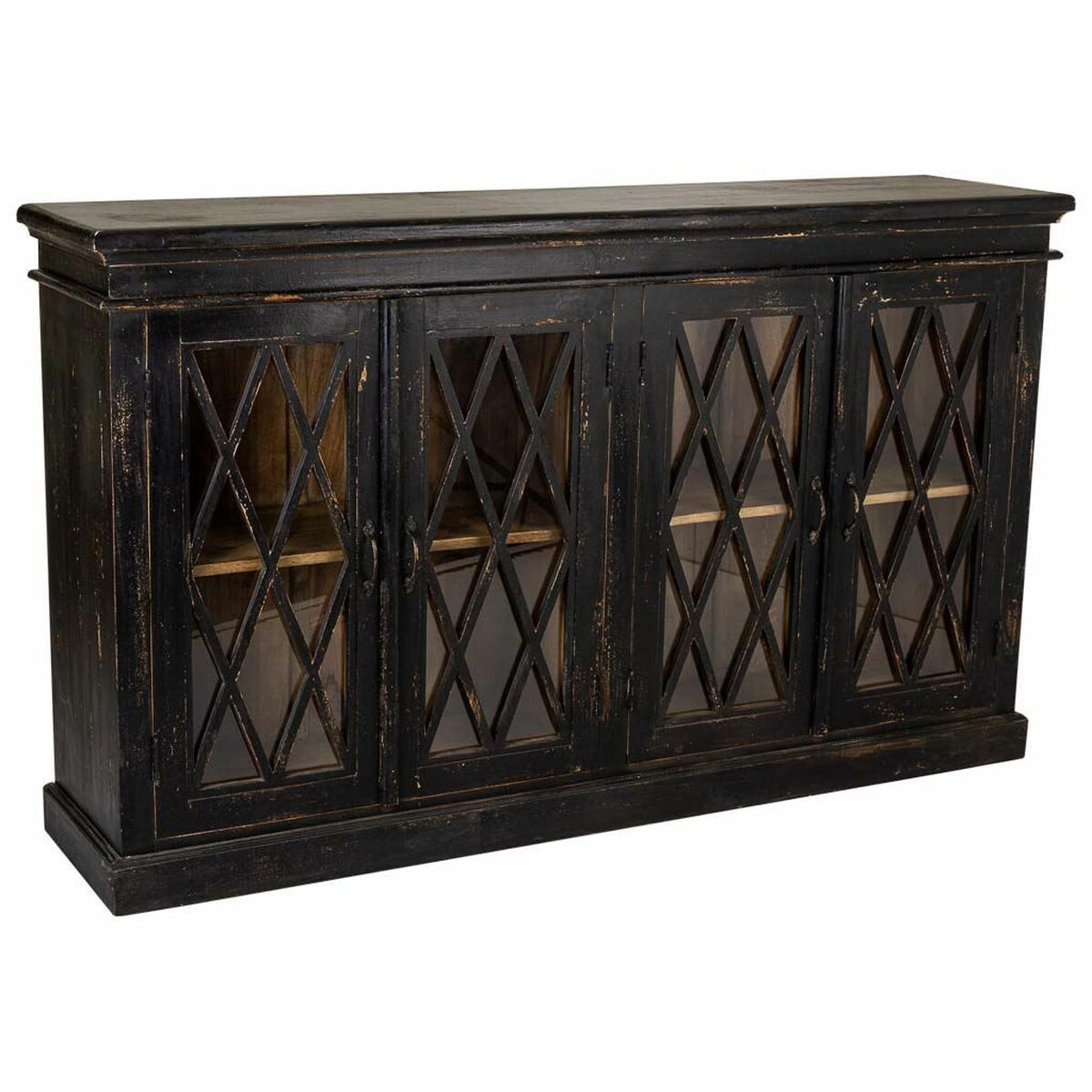 Aparador de madera de mango, vidrio y hierro, negro
