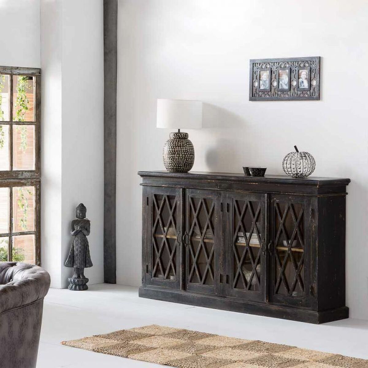 Aparador de madera de mango, vidrio y hierro, negro — imagen 2