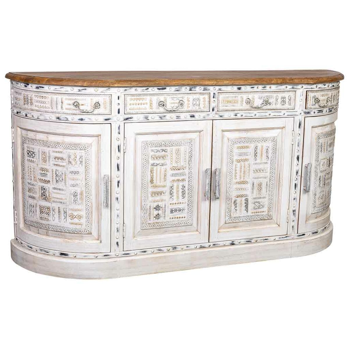 Aparador artesanal blanco y marrón de latón y madera, 45 x 177 x 91 cm