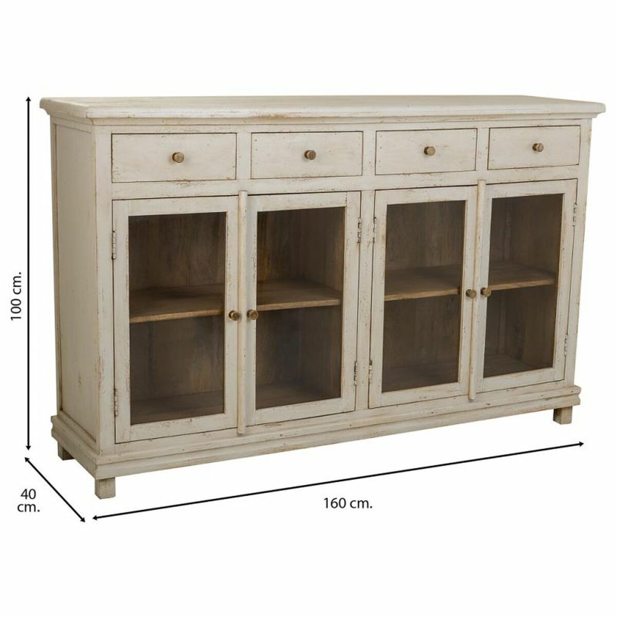 Aparador de madera y vidrio en blanco, estilo artesanal, 160 cm — imagen 3