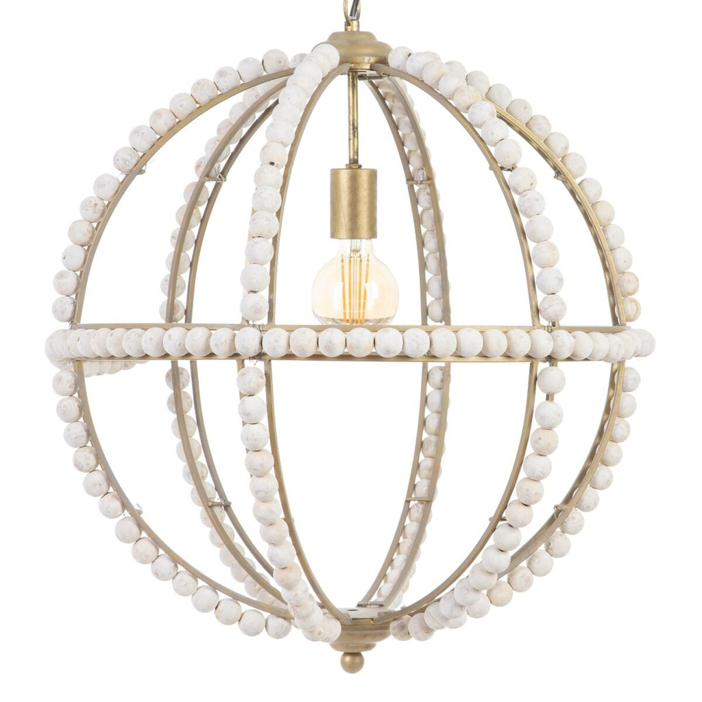 Lámpara de techo de madera y metal con cuentas, 54 cm, blanco