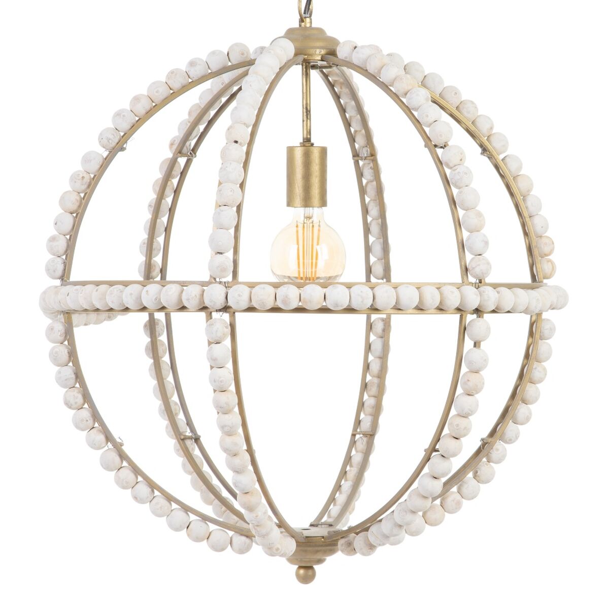 Lámpara de techo de madera y metal con cuentas, 54 cm, blanco