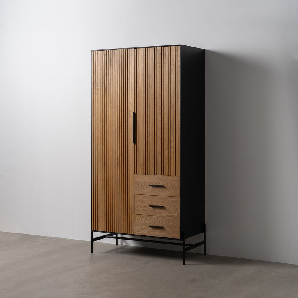 Aparador alto de hierro y madera MDF, negro y natural, 203 cm — imagen 2