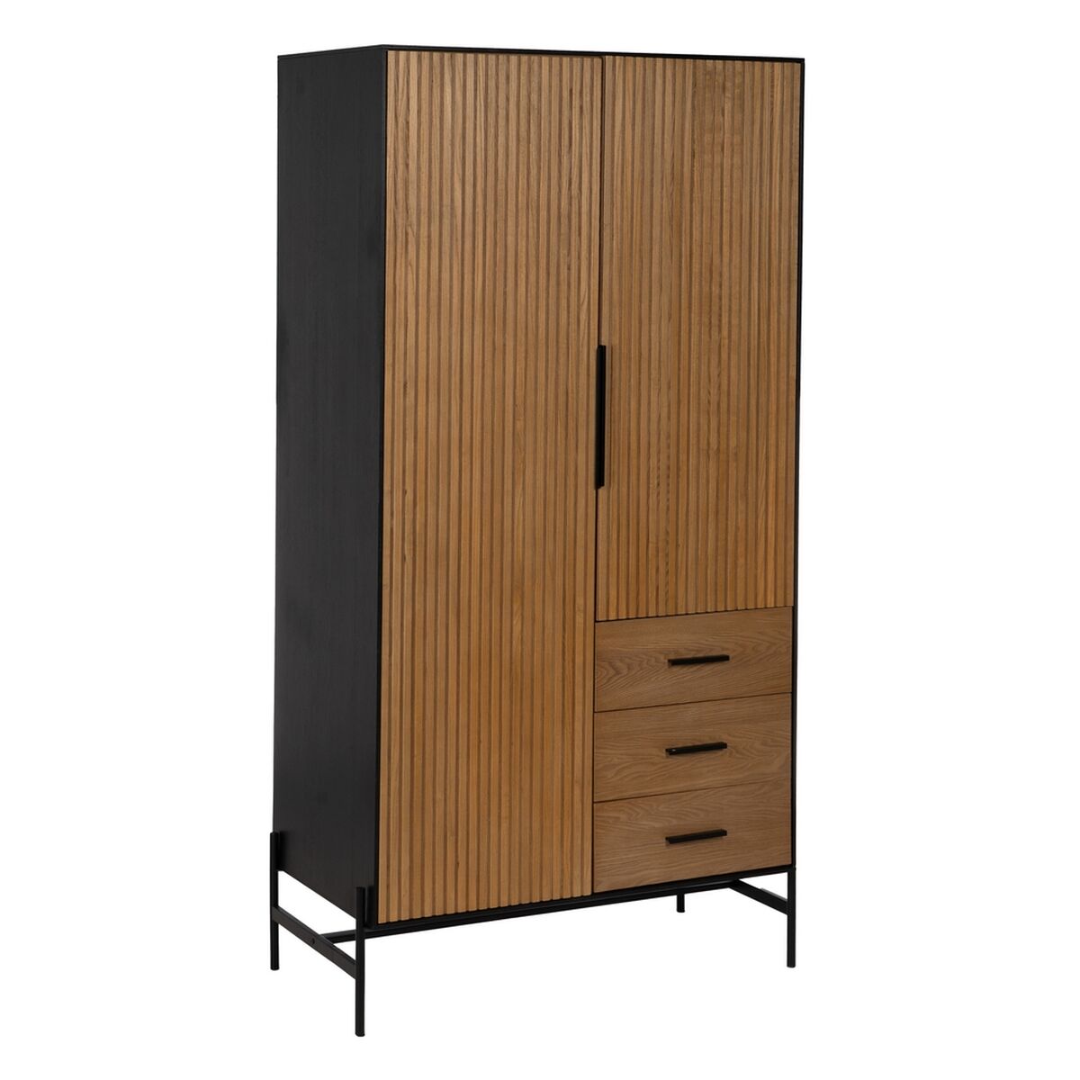 Aparador alto de hierro y madera MDF, negro y natural, 203 cm
