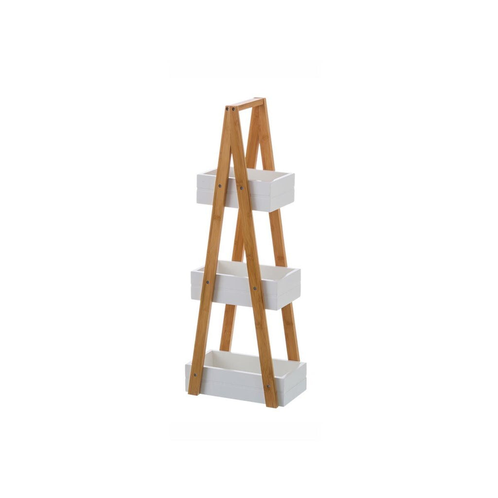 Estantería de baño blanca y natural de bambú y MDF, 30 x 81 cm