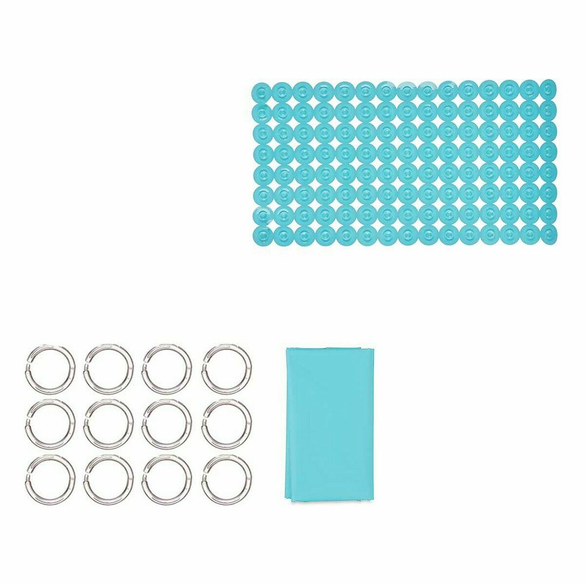 Set de baño azul con cortina y alfombrilla (12 unidades)