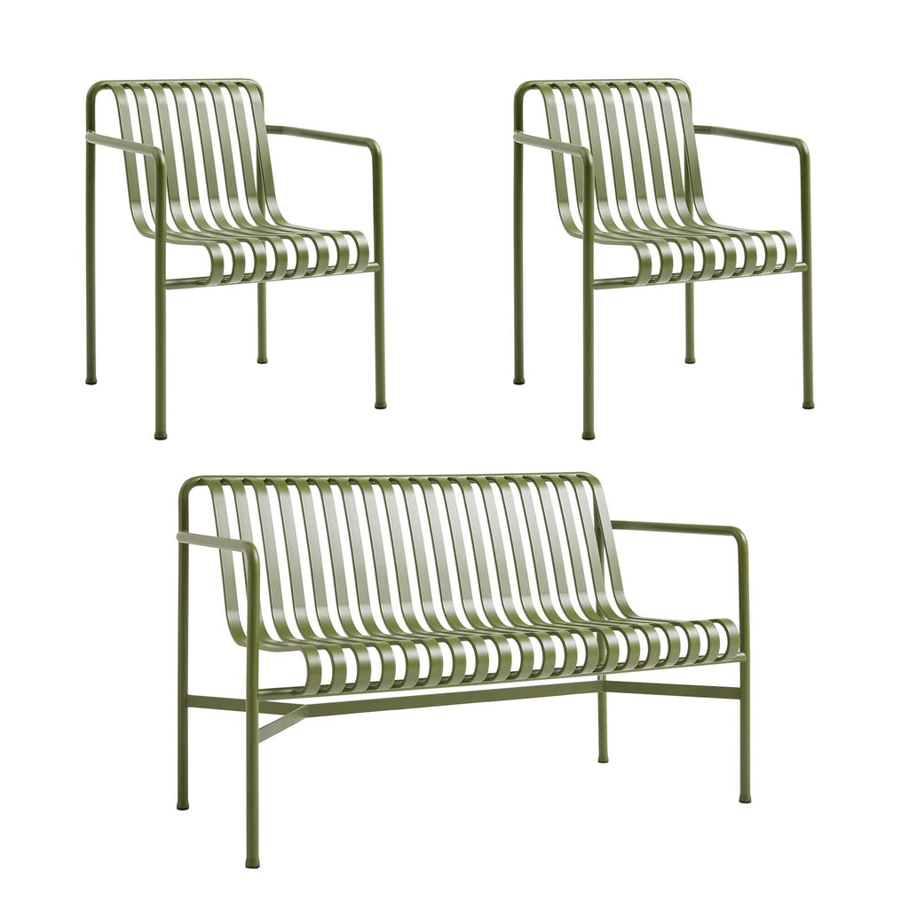HAY Palissade Gartenset Dining Bank + 2 Dining Armchairs
