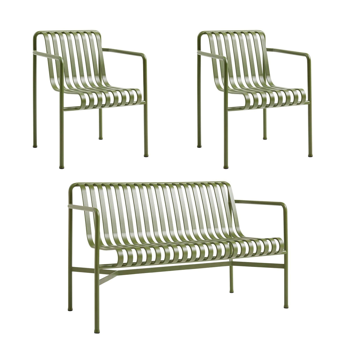 HAY Palissade Gartenset Dining Bank + 2 Dining Armchairs