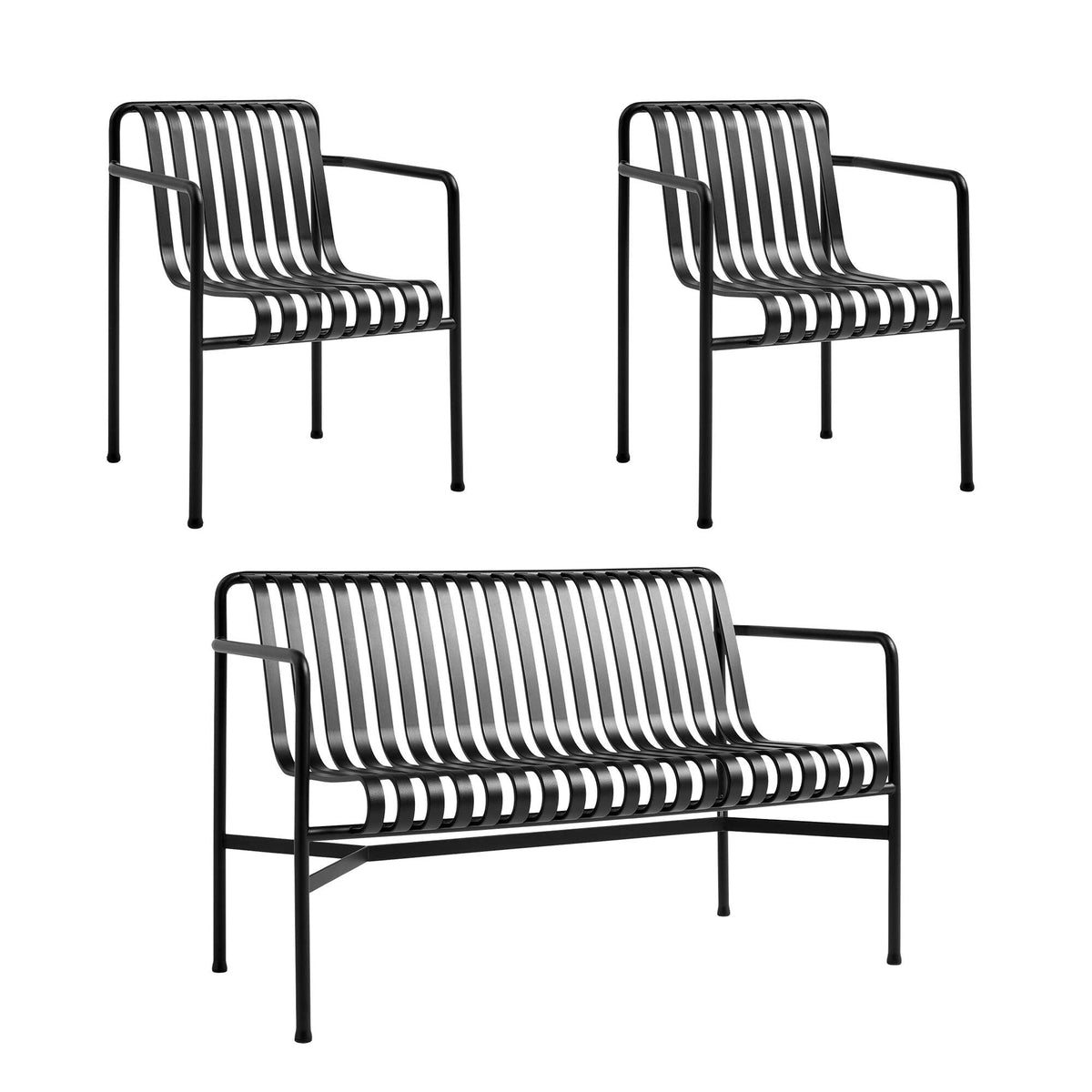HAY Palissade Gartenset Dining Bank + 2 Dining Armchairs