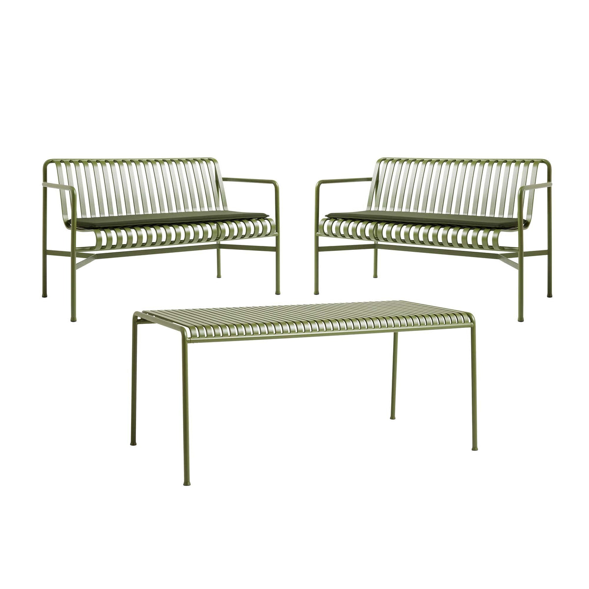 HAY Palissade Gartenset Tisch + 2 Dining Bänke mit Sitzkissen