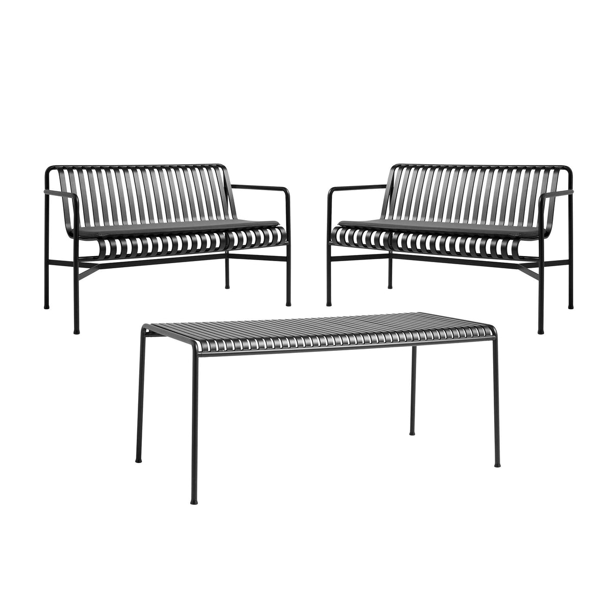 HAY Palissade Gartenset Tisch + 2 Dining Bänke mit Sitzkissen
